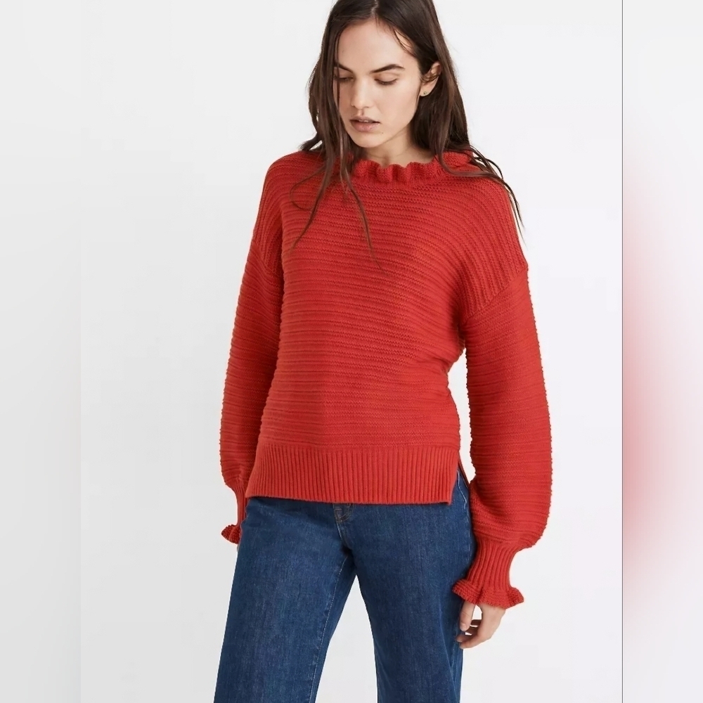Madewell Ruffle-Neck Pullover In Cotton-Merino Yarn, Size XS